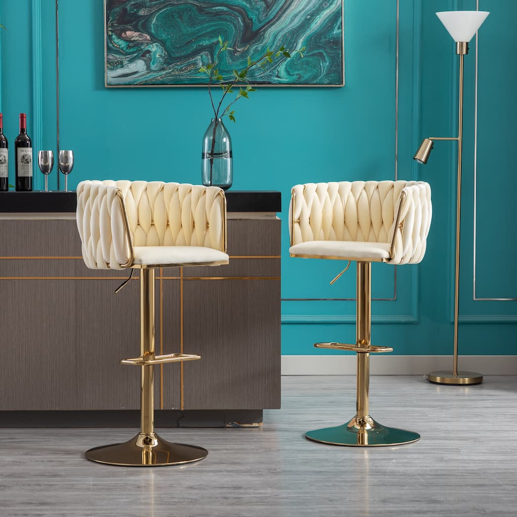 Set of 2 Bar Stools,with Chrome Footrest and Base Swivel Height Adjustable Mechanical Lifting Velvet + Golden Leg