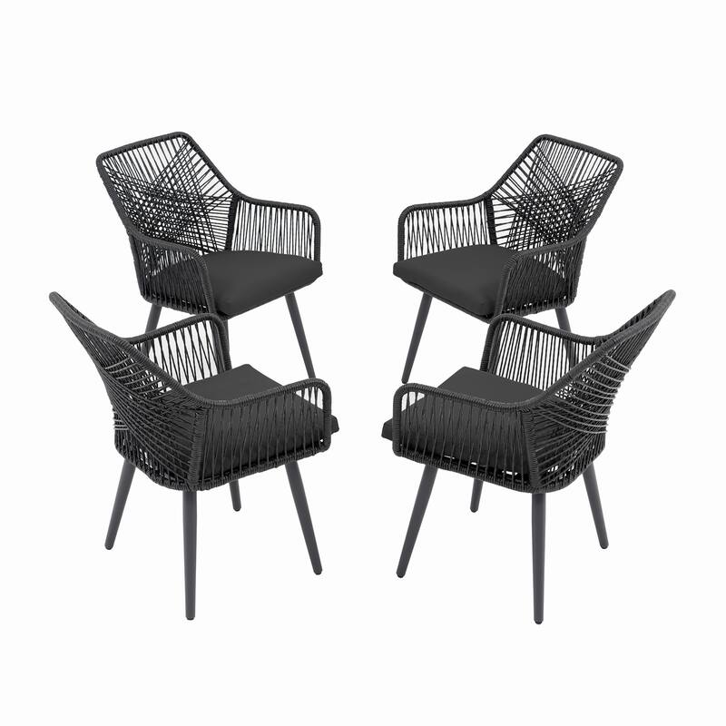 Outdoor Patio Woven Rope Dining Chairs With Armrest and Seat Cushions