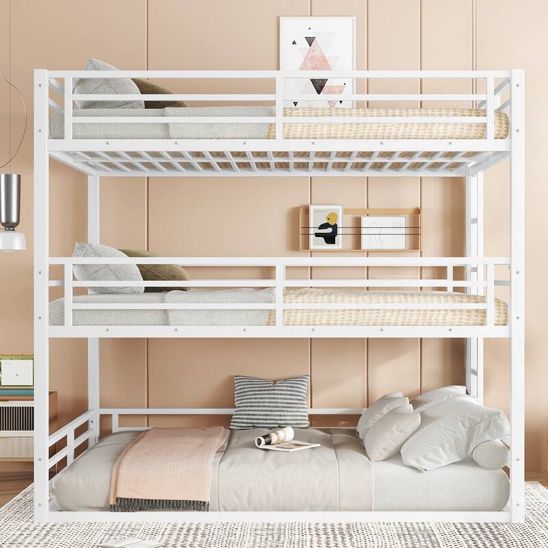 Queen over Queen over Queen Triple Bunk Bed - Metal Frame with Safety Guardrails & Noise Reduced Design