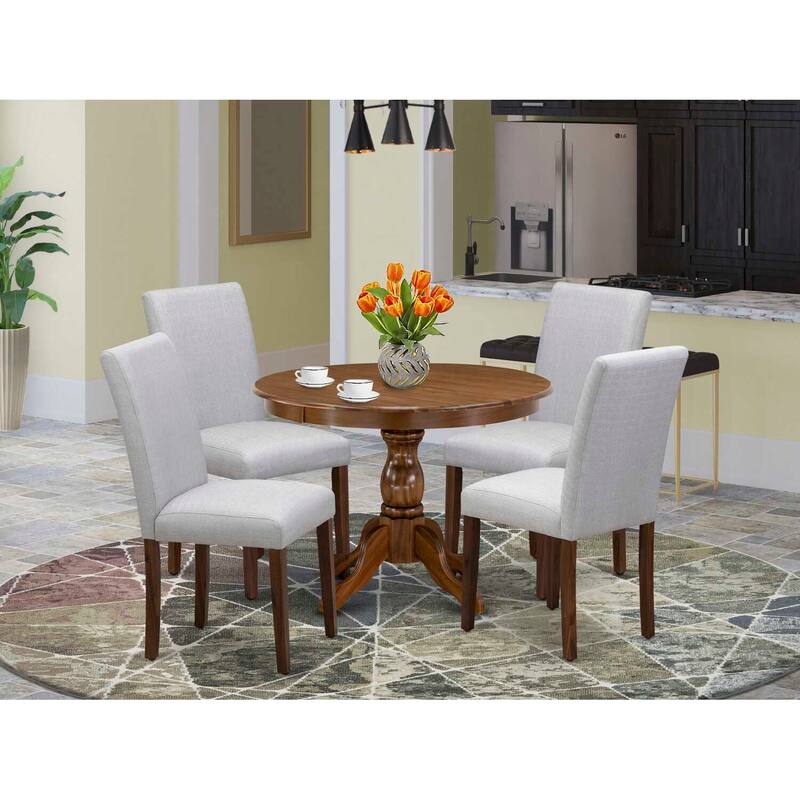 HomeStock 5-Piece Round Antique Walnut Finish Solid Wood Top Dining Table with 4 Upholstered Chairs with Slat Back