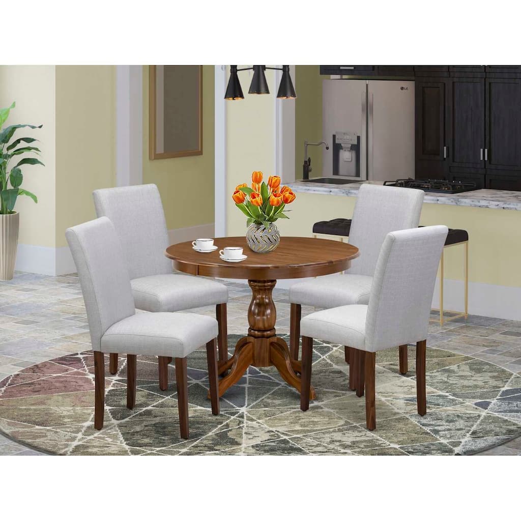 HomeStock 5-Piece Round Antique Walnut Finish Solid Wood Top Dining Table with 4 Upholstered Chairs with Slat Back