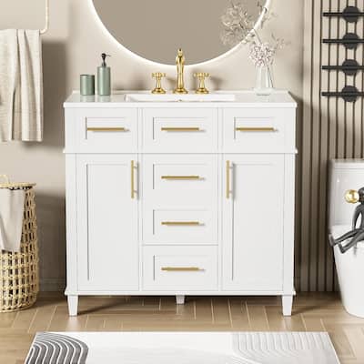 36" White Bathroom Vanity Cabinet with Ceramic Sink,Versatile Storage