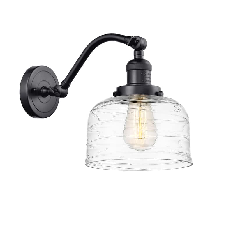 Innovations Lighting 515-1W-12-8 Bell Sconce Bell 12" Tall Wall Sconce - Matte Black / Clear Deco Swirl
