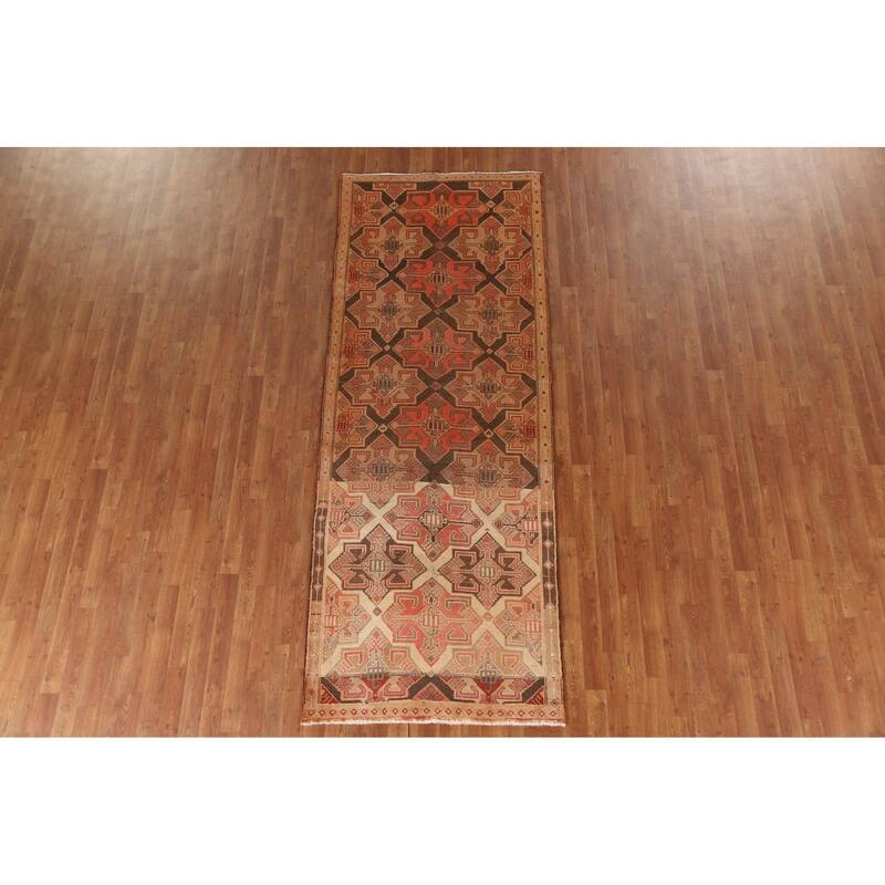 Brown Tribal Ardebil Persian Vintage Runner Rug Handmade Wool Carpet - 3'7"x 9'6"
