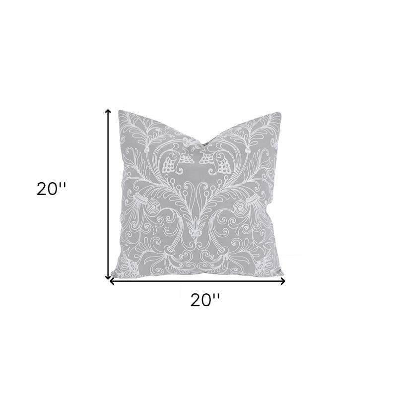 HomeRoots 20" X 20" Gray and White Damask Polyester Zippered Pillow With Embroidery