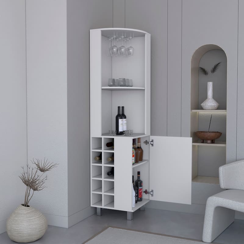 Corner Bar Cabinet With Four Shelves,Ten Wine Bottle Cubbies And Stemware,White