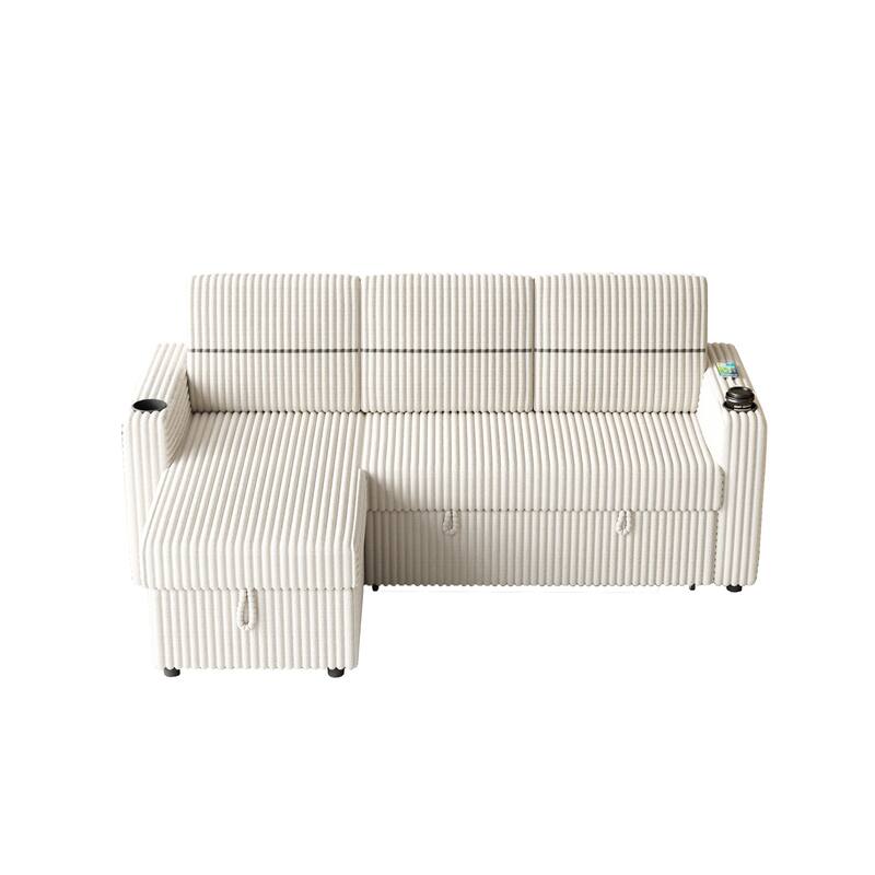 3 Seater Corduroy Sleeper Sofa - Pull-Out Couch with Storage Chaise, USB Charging Port & Cup Holders, 85" Sofa Bed