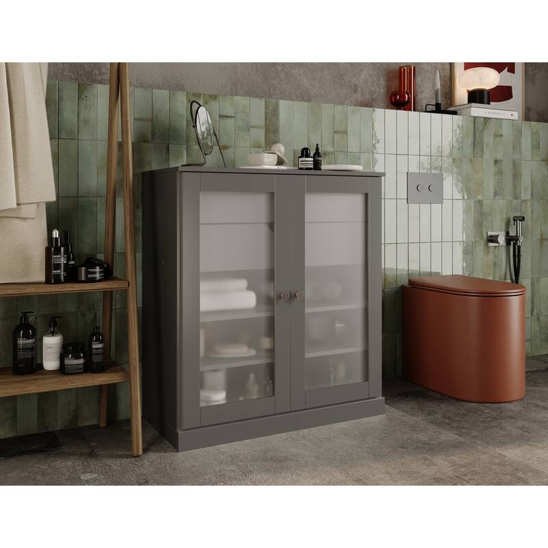 Palace Imports 100% Solid Wood 32" Bathroom Cabinet with Frosted Glass Doors, 2-Drawers and Adjustable Shelves - Gray