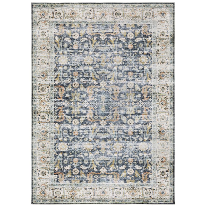 Clinton Blue Gold Non-Skid Oriental Distressed Washable Traditional Area Rug