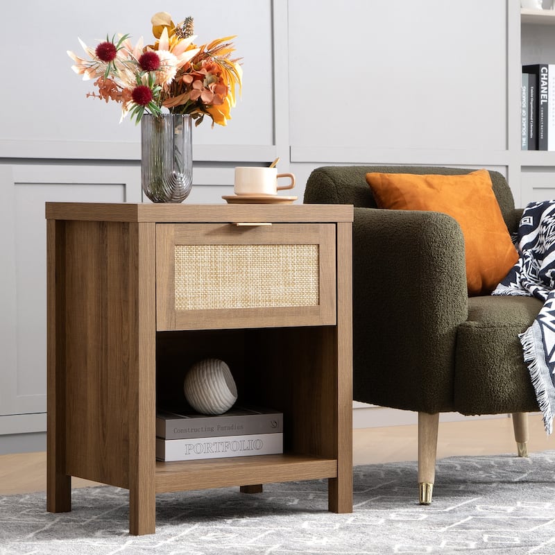 SICOTAS Farmhouse Rattan Nightstand with Drawer and Storage Shelf