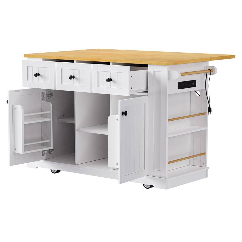 53.14'' Kitchen Island with 2 Bar Stools, Power Outlet,Door Internal Storage Rack, Drop Leaf, 5 Open Side Racks, 3 Drawers