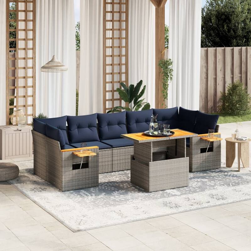 vidaXL Patio Sofa Set with Cushions Outdoor Furniture 8 Piece Poly Rattan - 24.4 x 24.4 x 27.2 - Grey