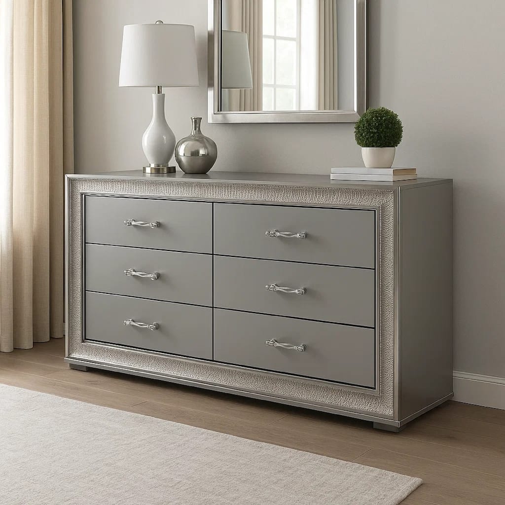 Cyl 6 Drawer Wide Dresser, Metallic Gray Solid Wood with Chrome Trim