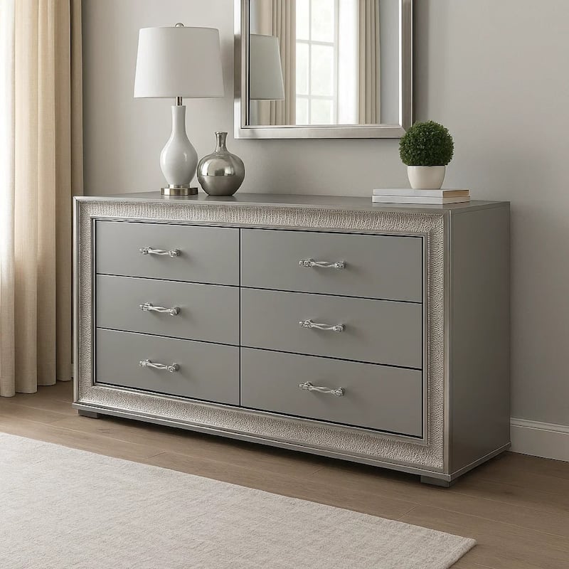 Cyl 6 Drawer Wide Dresser, Metallic Gray Solid Wood with Chrome Trim