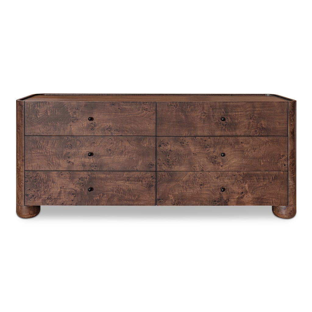 NADAAL STUDIOS Virel Dark Brown Burl Veneer and Solid Oak 6-Drawer Dresser with Lip Detail