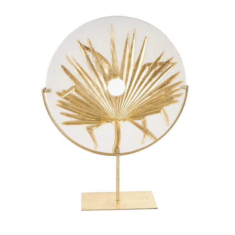 Gold Polystone Round Disk Leaf Decorative Sculpture with Center Cutout and Gold Base