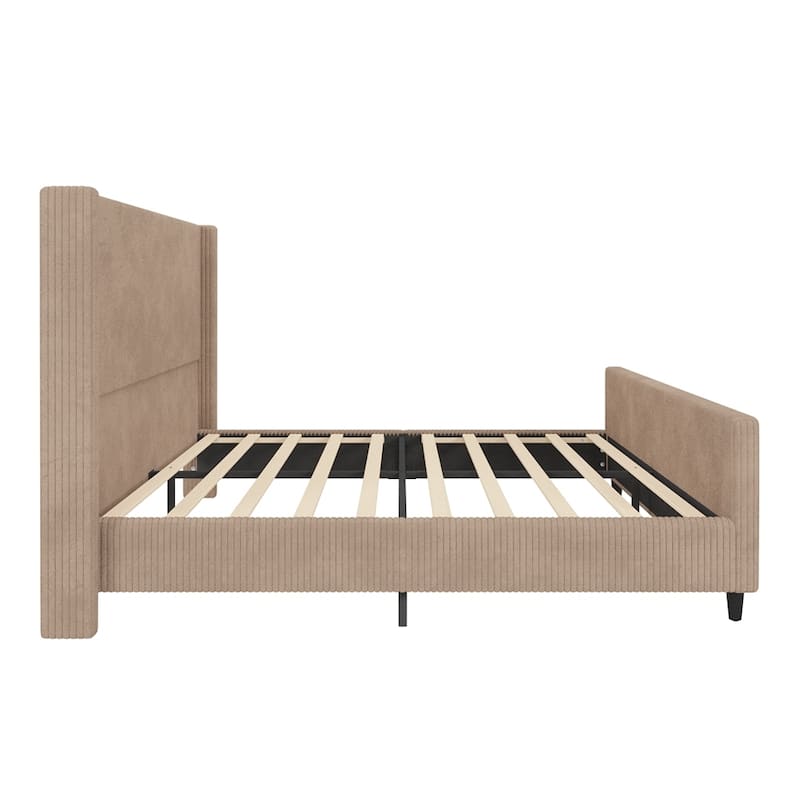 Modern Vertical Stripe Wingback Headboard Corduroy Upholstered Bed Frame