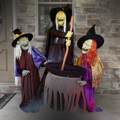 Haunted Hill Farm Motion-Activated Wicked Sitchwick Sisters, Premium Talking Halloween Animatronic, Plug-In