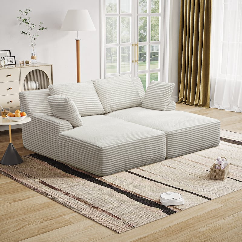 Fluffy Double Chaise Lounge Set Plush Corduroy Sleeper Sofa Bed