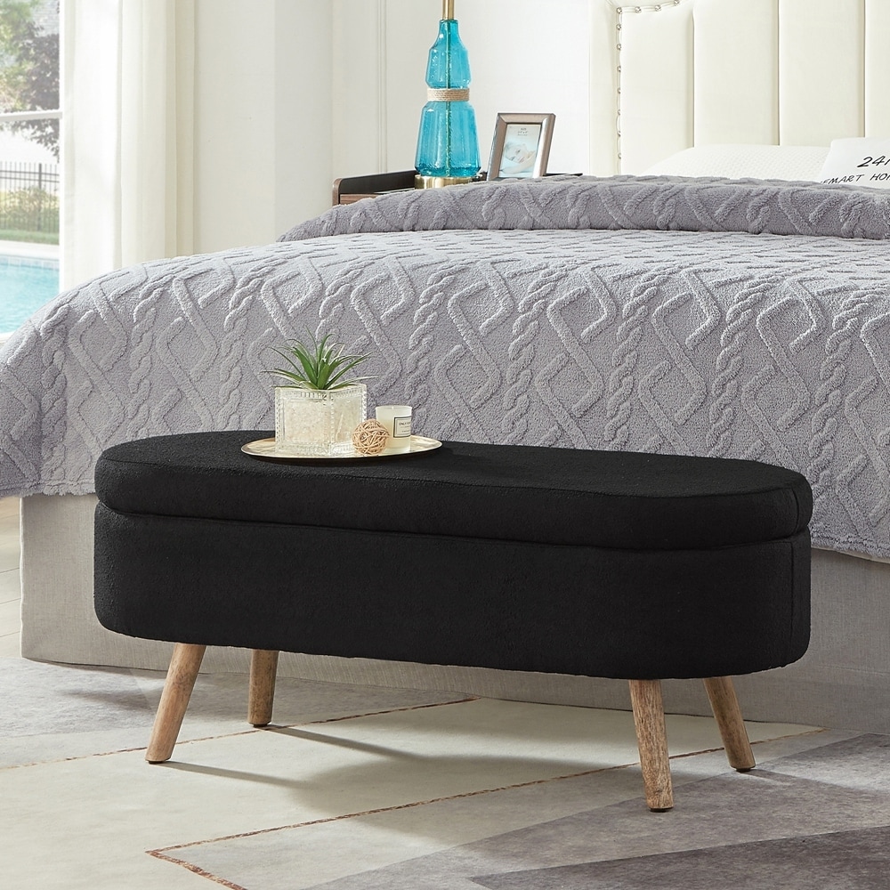 Oval Boucle Storage Ottoman Bench with Wood Legs