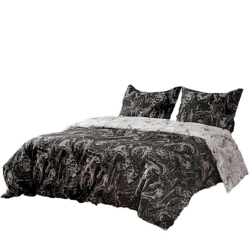 HomeRoots Black Gray And White King Microfiber 1400 Thread Count Machine Washable Duvet Cover