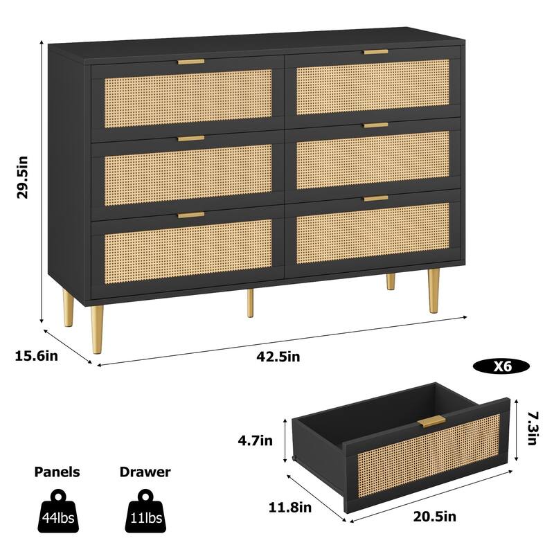 6 Drawer Rattan Dresser for Bedroom, Wide Double Dresser Chest of Drawers