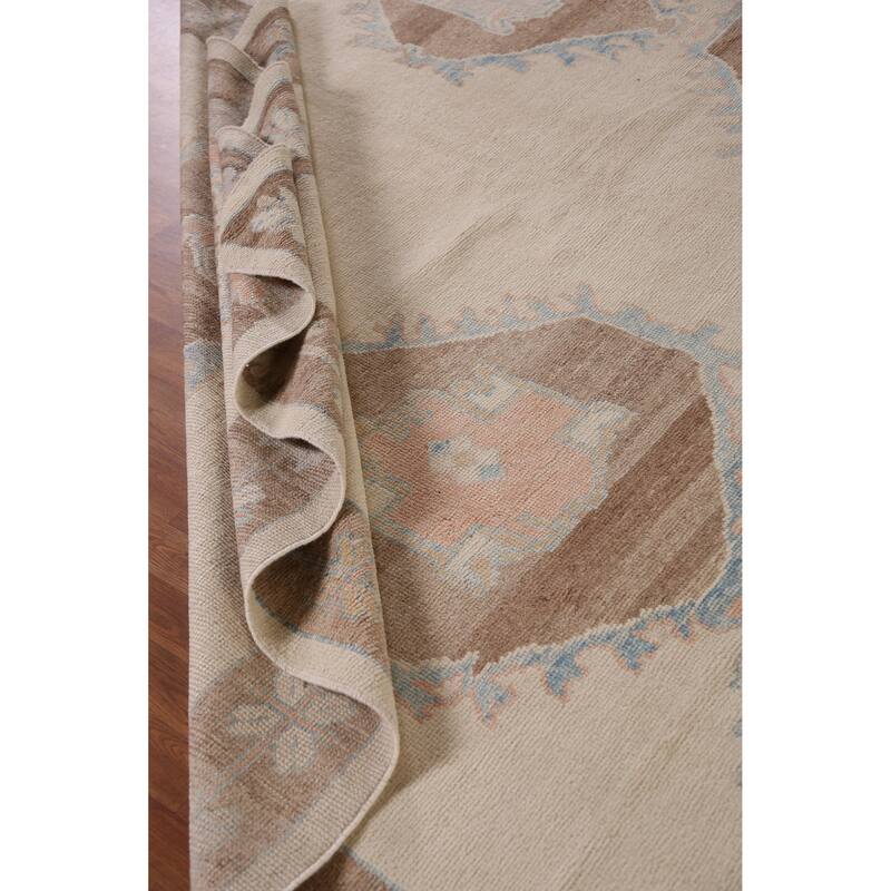 Hand Knotted Oriental 100% Wool Carpet Transitional Geometric Beige & Ivories Oushak Area Rug - 13' 6'' X 10' 3''