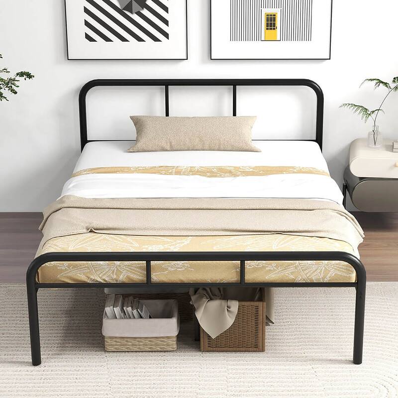 Gymax Full Size Bed Frame Metal Platform Bed Base w/ Headboard &