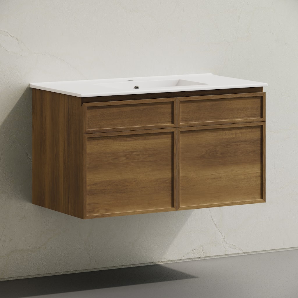 St. Tropez 36" Wall-Mounted Bathroom Vanity In Brown Oak With Sink Top - 36