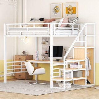 Modern Design Metal Loft Bed with Desk, Wardrobe and Storage Staircase can Be Moved, White