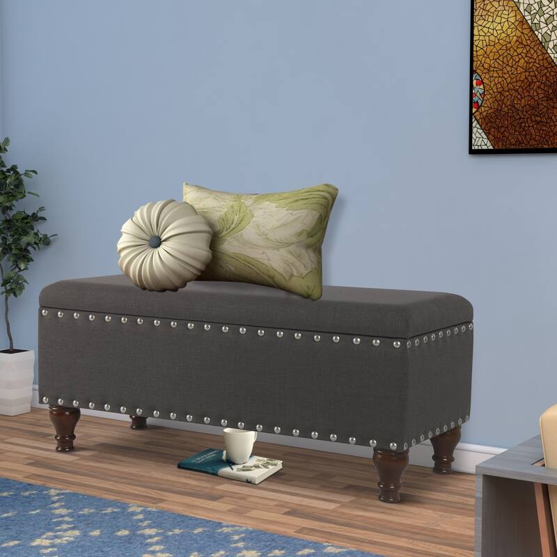 Fabric Upholstered Wooden Storage Bench With Nail head Trim, Large, Dark Gray and Brown