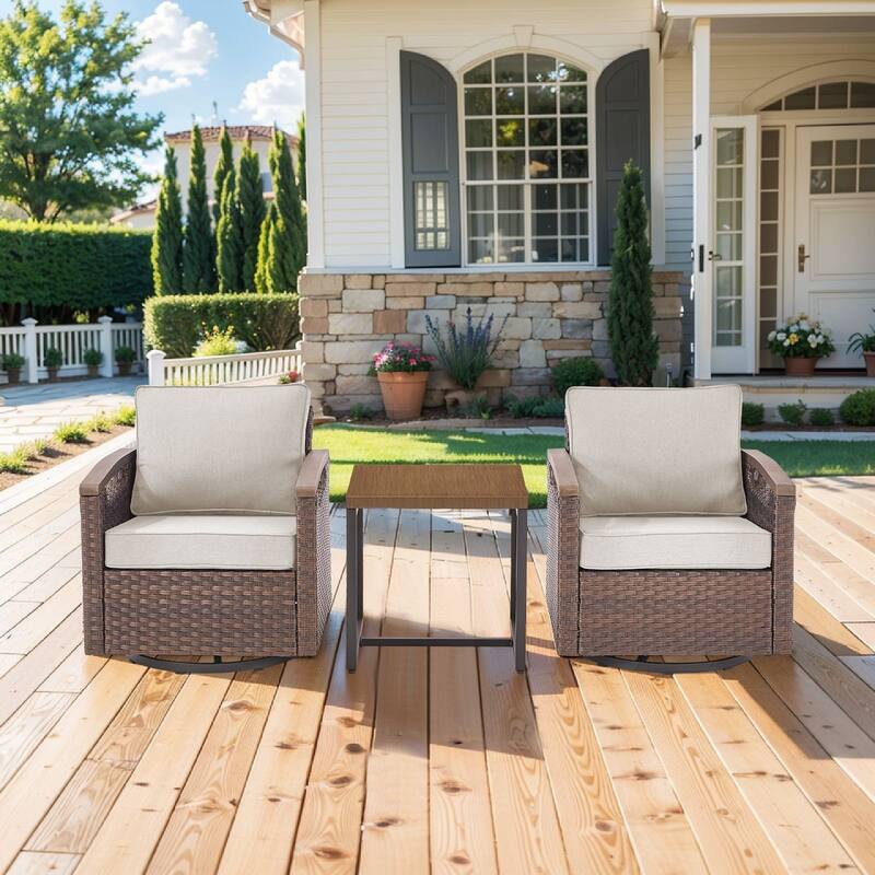 Pocassy Outdoor Swivel Chair with Cushion Set - Beige Cushion - 2 Swivel Chairs with Table Set