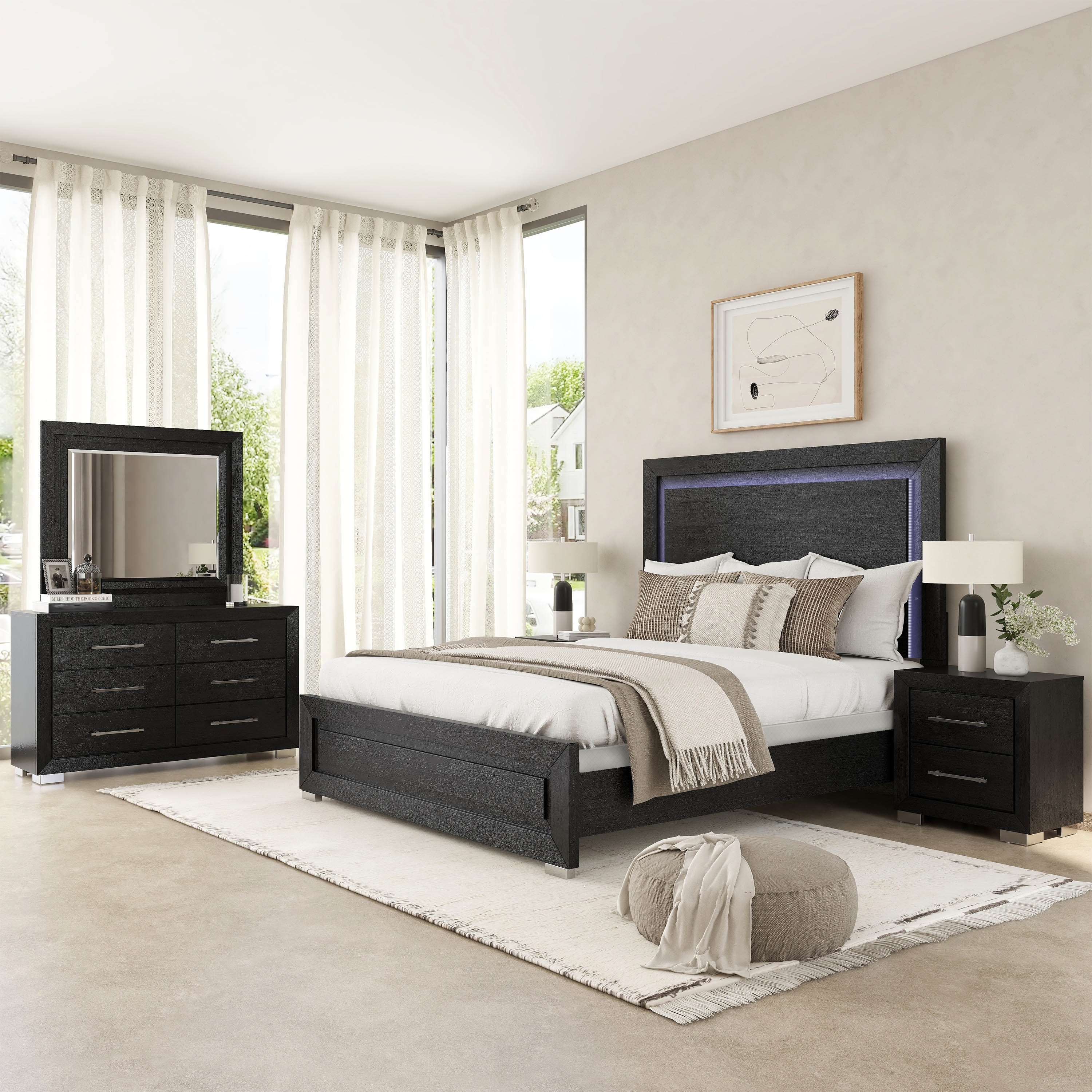 Furniture of America Alaric Modern 4-Piece Black Wood Panel Bedroom Set with LED Headboard
