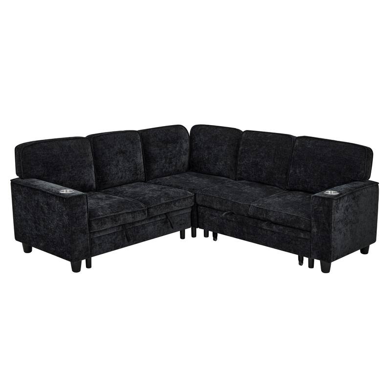 5-Seat Chenille Storage Sectional Sofa Sleeper Couch with Pull-Out Bed