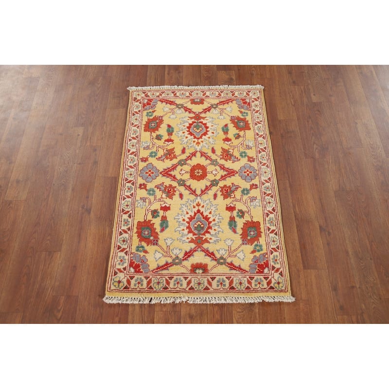 Yellow Kazak Oriental Foyer Rug Hand-Knotted Floral Wool Carpet - 2'0" x 3'0"
