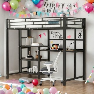 Twin Size Loft Bed With Desk And Whiteboard And 3 Shelves And Ladder for Home