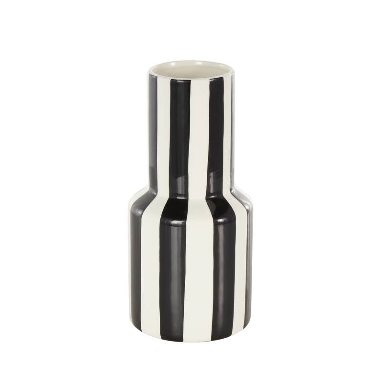 White Ceramic Round Decorative Vase with Blue or Black Vertical Stripes