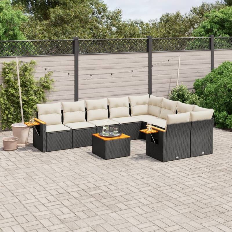 vidaXL Patio Sofa Set with Cushions Outdoor Conversation Furniture Poly Rattan - Black and cream with table - 21.7 x 21.7 x 14.6 in