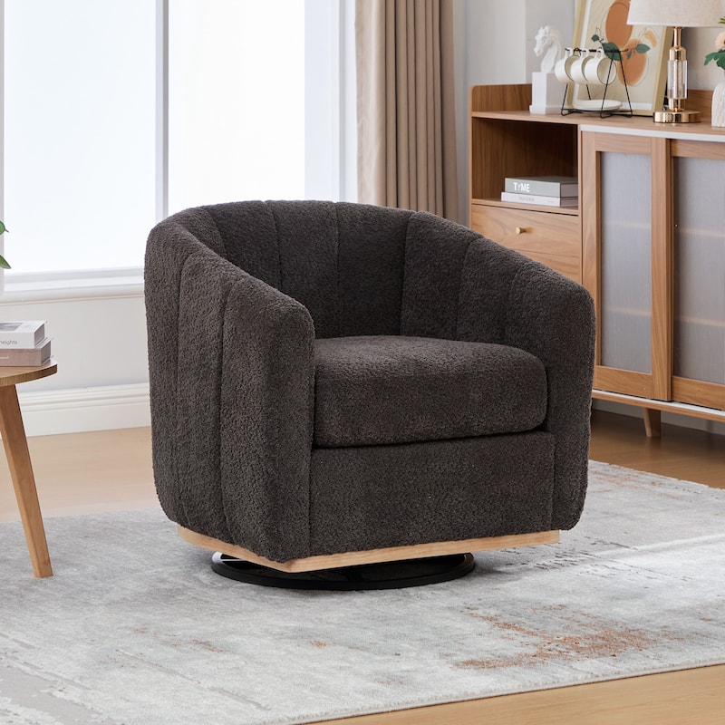 Chenille Upholstered Swivel Barrel Chair, Tufted Pumpkin-Shape Club Armchair, Lounge Reading Chair with Metal Base