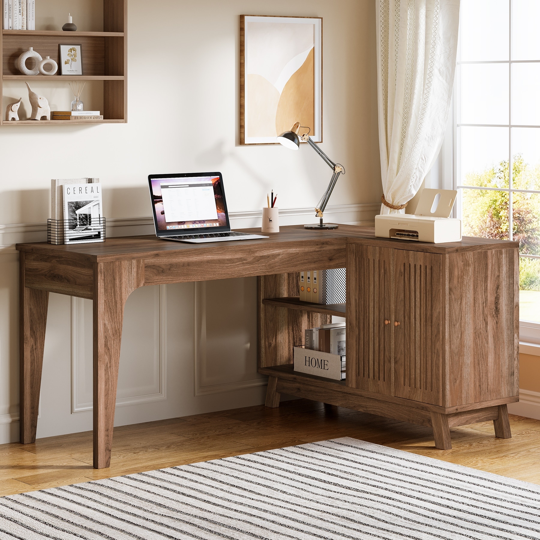 L-Shaped Desk with Storage Cabinet, 57-Inch Wood Corner Workstation