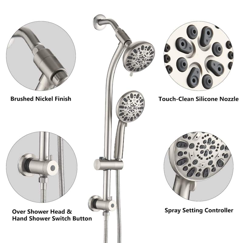 Drill-Free Stainless Steel Slide Bar Combo Rain Showerhead 7-Setting Hand, Dual Shower Head Spa System (Rough-in Valve Included)