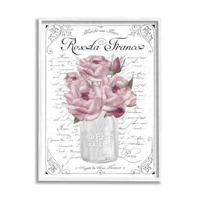 Stupell Pink Roses Bouquet French Words Fancy Script Background Framed Wall Art, Design by Lettered and Lined