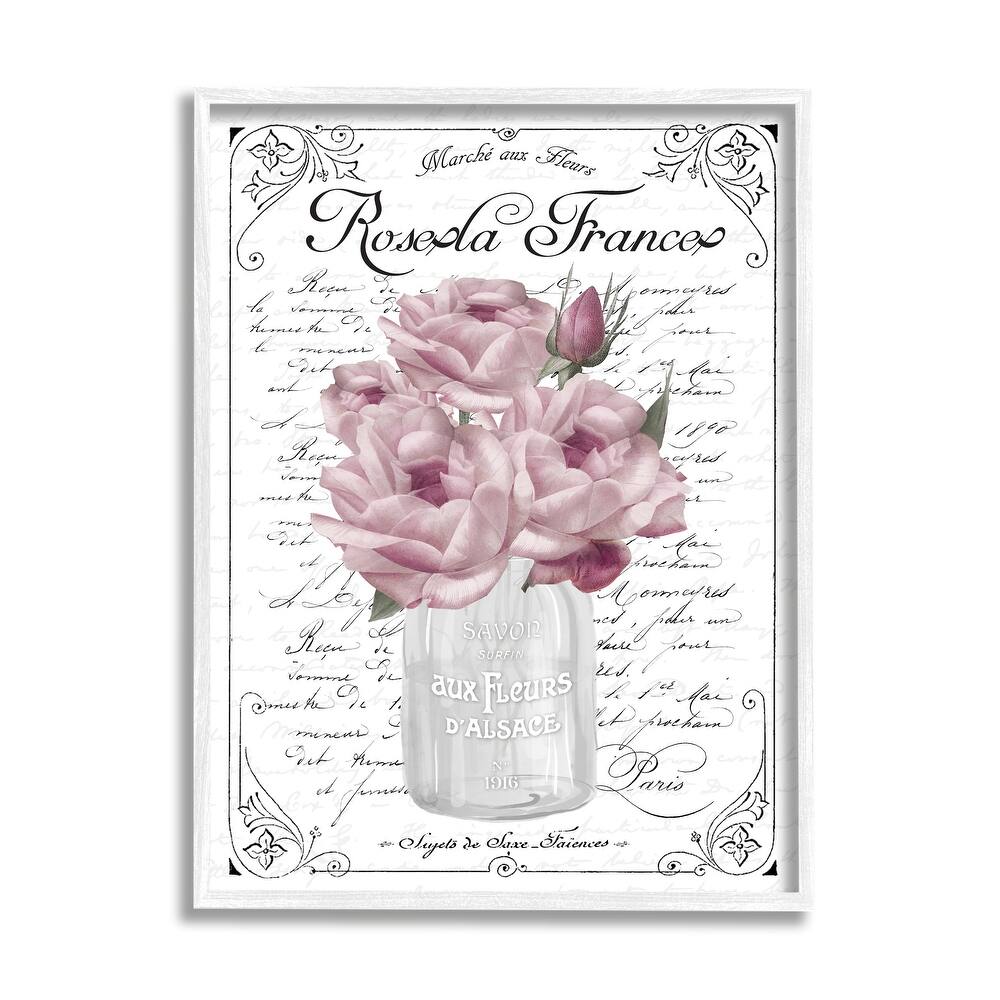 Stupell Pink Roses Bouquet French Words Fancy Script Background Framed Wall Art, Design by Lettered and Lined
