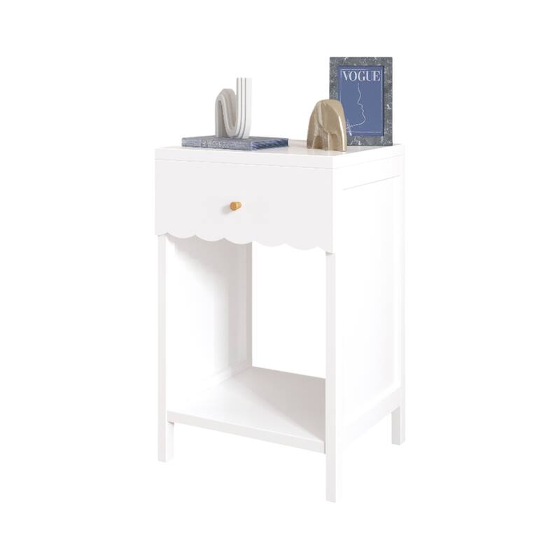 Anmytek Scalloped Edge Bedside Table Modern Storage Nightstand with Drawer Open Shelf