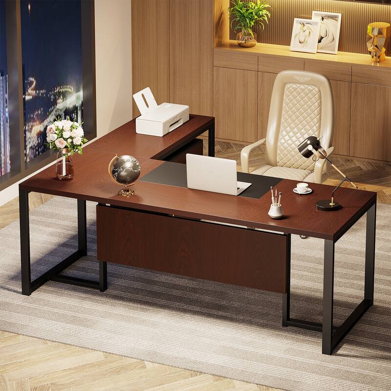 70.8’’ Executive Desk with File Cabinet, Large L-Shaped Office Executive Desk Computer Desk - Rustic Brown