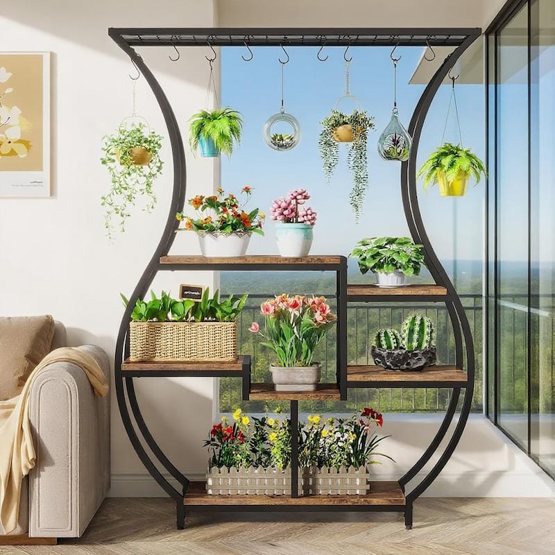 Black-Brown Metal and Particle Board Ladder Plant Stand with Hooks - 47.24” x 11.81” x 70.87”