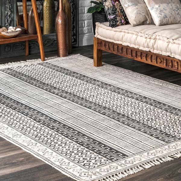 Shop Nuloom Grey Handmade Flatweave Stiped Diamond Border Cotton Fringe Area Rug On Sale Overstock 11829173