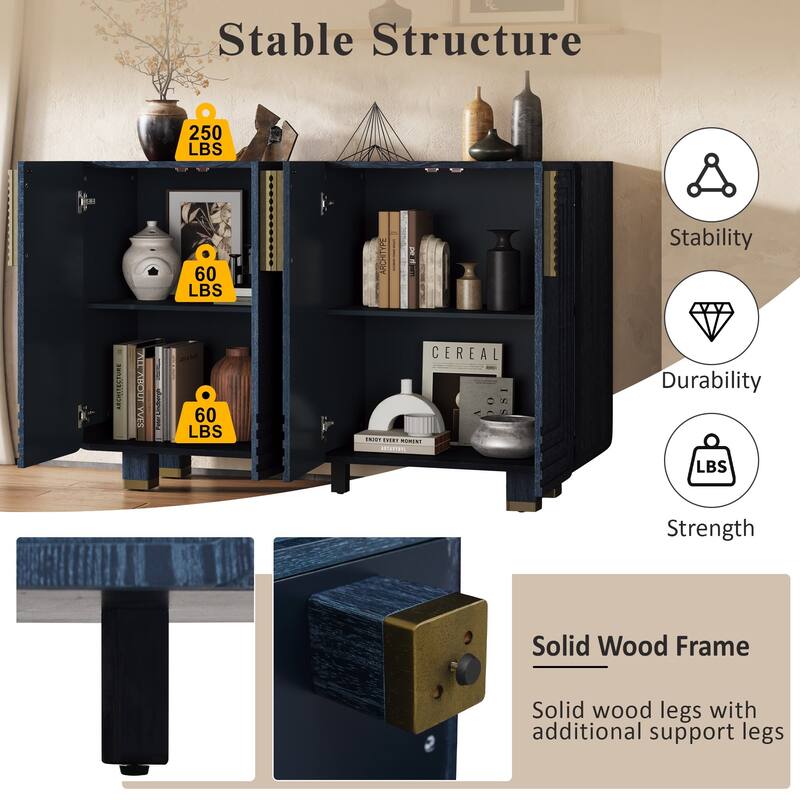 54" Retro Sideboard Buffet Cabinet with 4 Fluted Doors, Adjustable Shelves, Ash Veneer Storage Console for Dining Room