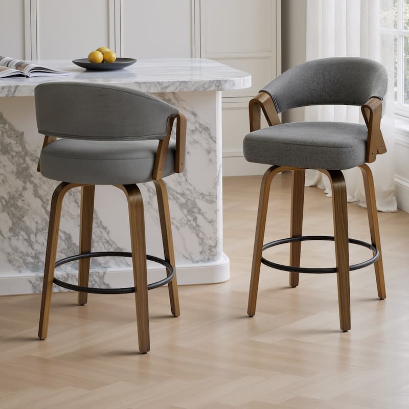 Mid-Century Upholstered Swivel Bar Stool/ Counter Stools with Curved Back - 37.5"H x 20.9"W x 19.9"D