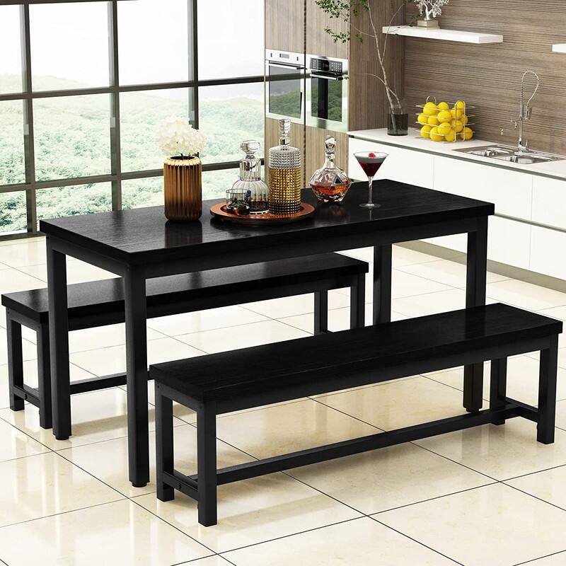Industrial 3-Piece Dining Table Set, Retro Wood Kitchen Table Set with 2 Benches for Home Kitchen, Dining Room, Restaurant